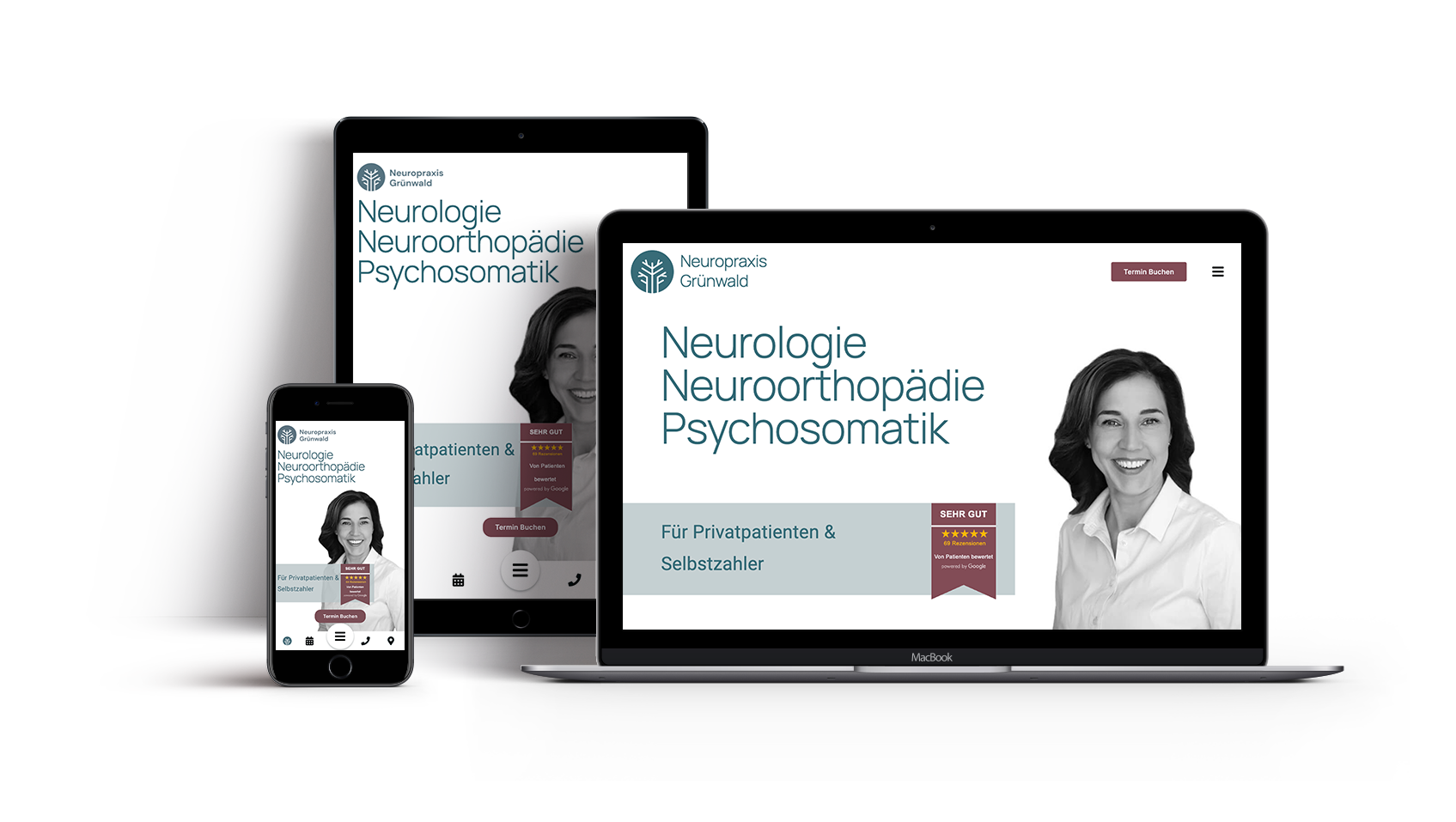 MockUp der Webseite Neuropraxis Grünwald auf einem Laptop, einem Tablet und einem Handy