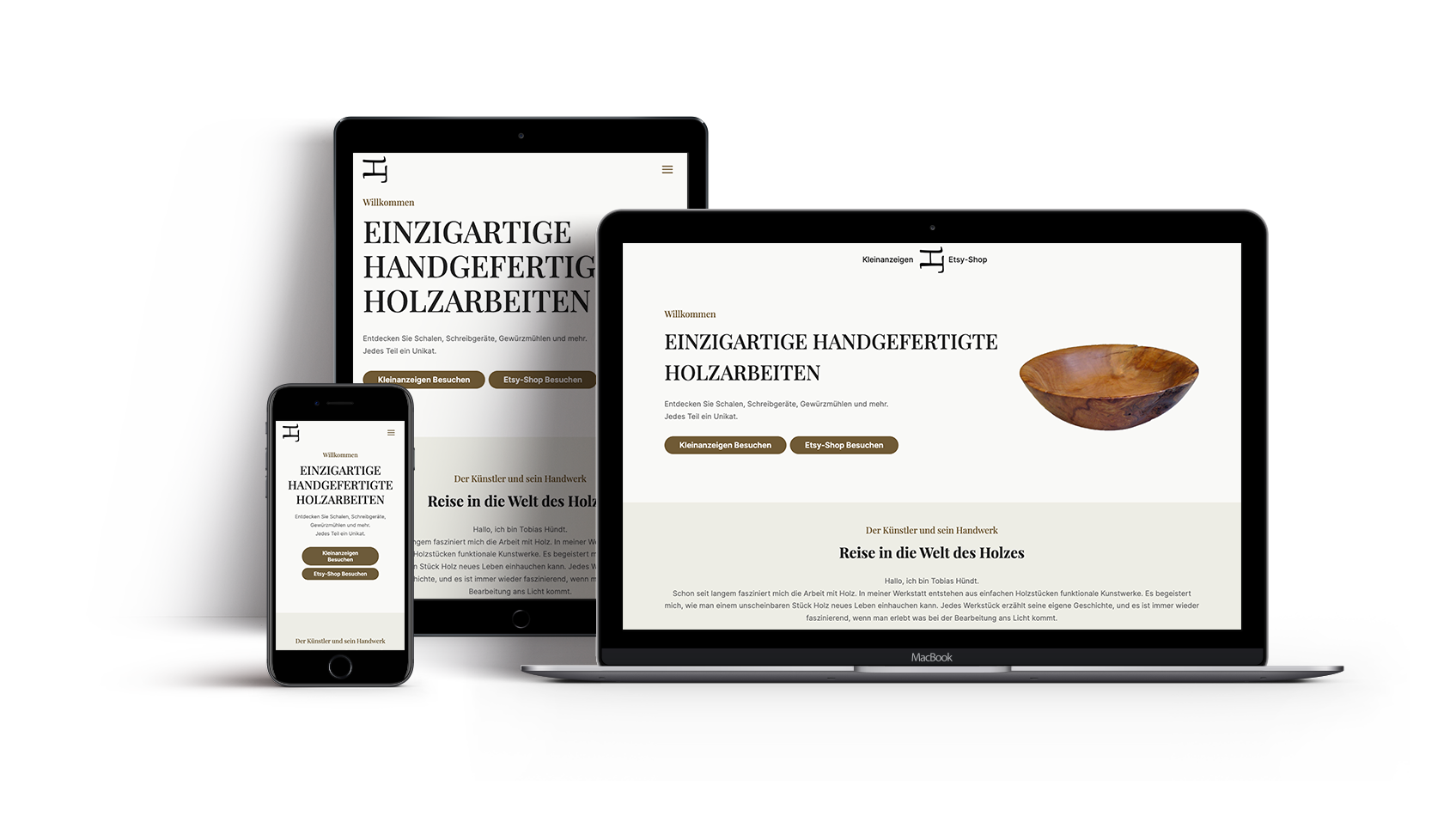 MockUp der Webseite Tobias Hündt auf einem Laptop, einem Tablet und einem Handy